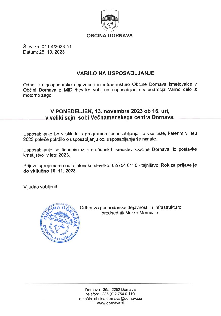 Vabilo na usposabljanje s področja Varno delo z motorno žago